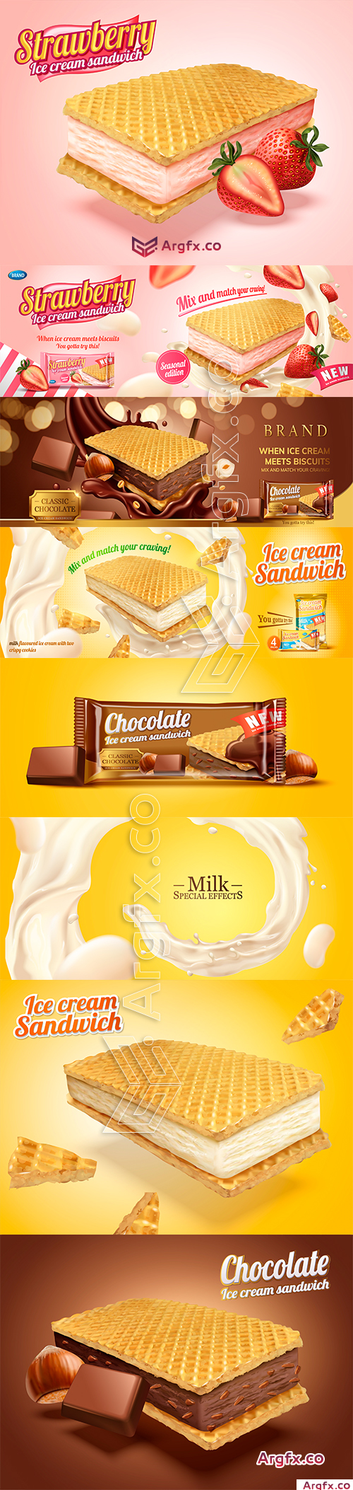 Milk flavoured ice cream sandwich with wafer cookies in 3d illustration