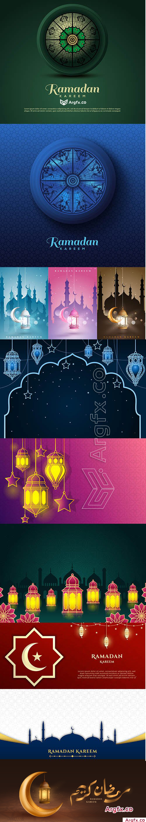 Islamic Arabic Ramadan Kareem and Eid Mubarak Background Set